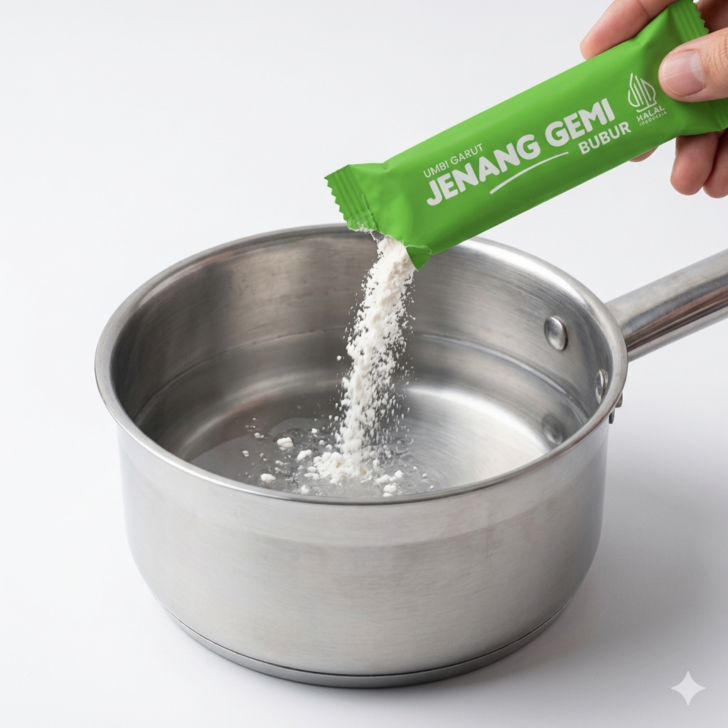 Tuangkan satu sachet Jenang Gemi Bubur ke dalam panci